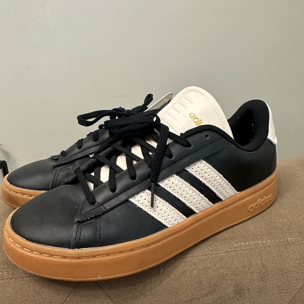 Adidas Men's Black and White Sneakers with Tan Sole